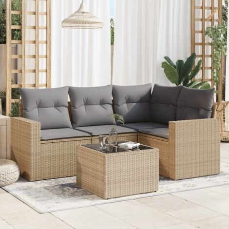 Ensemble salon jardin 5 places en résine tressée beige avec coussins gris et table en verre trempé Canapé d'angle modulaire Charge 110kg/place Facile à nettoyer (1/3)