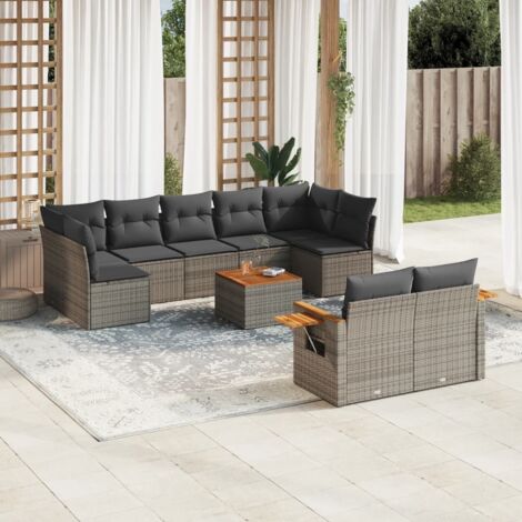 Salon de jardin modulaire 9 places en résine tressée gris avec coussins, table en acacia et accoudoirs à tablette (1/5)