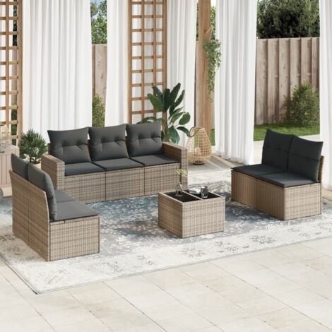 Ensemble Jardin 8 Places en Résine Tressée avec Coussins Gris - Table en Verre Trempé, Sièges Modulaires avec Rangement (1/3)