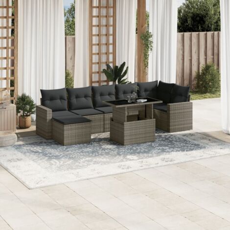 [Salon de Jardin 8 Places] [Canapé Modulaire] en Résine Tressée Gris avec Table Réglable et Coussins (1/5)