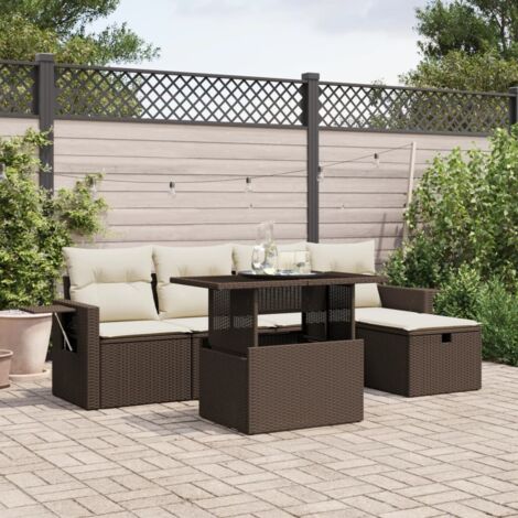 Ensemble Salon de Jardin 6 Places en Résine Tressée Marron avec Table Réglable, Coussins Blanc Crème Lavables et Repose-Pieds (1/5)