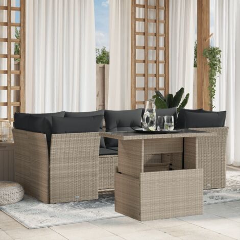 Salon de Jardin 7 Pièces en Résine Tressée avec Coussins Gris Clair, Table Réglable et Mobilier Modulaire pour Terrasse et Extérieur (1/5)
