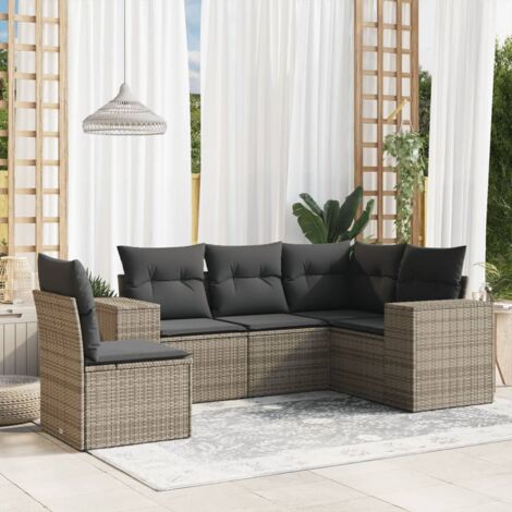 Canapé de Jardin 5 Places Modulaire en Résine Tressée Gris avec Coussins, Fonction Rangement et Housse Amovible (1/3)