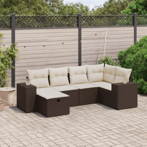 Ensemble Salon de Jardin Modulaire 6 Places en Résine Tressée Marron avec Coussins Blanc Crème, Cadre Acier et Meubles d'Extérieur Confortables (1/4)