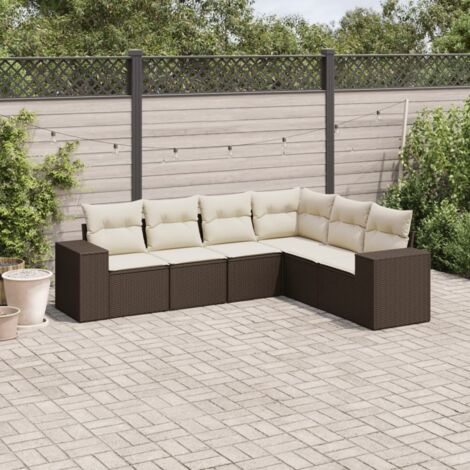 Ensemble salon de jardin modulaire 6 places en résine tressée marron, coussins blanc crème (1/3)
