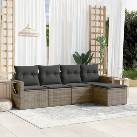 Ensemble Salon Jardin 5 Pièces en Résine Tressée Gris avec Coussins Amovibles et Rangement (1/3)