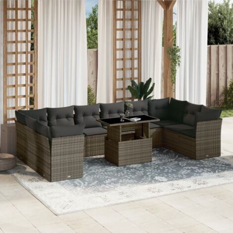Ensemble de salon de jardin modulaire 11 pièces en résine tressée grise avec table extensible et coussins amovibles (1/5)