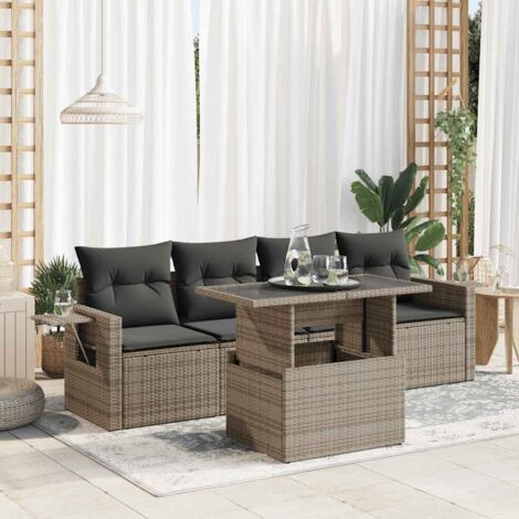 Set de Jardin 5 pièces en Résine Tressée Gris avec Coussins et Table Réglable - Canapé et Fauteuils de Jardin 2+2 avec Rangement (1/5)