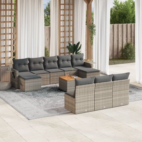Ensemble salon jardin 11 pièces gris résine tressée polyrotin avec table acacia et coussins rangement (1/3)