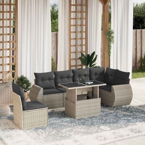 Ensemble Salon de Jardin 7 Places en Résine Tressée Gris Clair avec Coussins et Table à Hauteur Réglable (1/5)