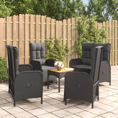 Ensemble de Jardin 5 places - Résine Tressée Noir - Table Acacia Massif - Banc et Chaises Inclinables avec Coussins (1/5)