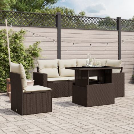 Ensemble de salon de jardin 6 places en résine tressée marron avec coussins et table extensible (1/5)