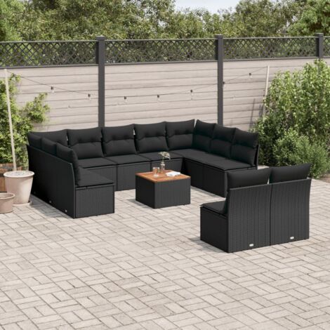 Ensemble salon de jardin 12 places en résine tressée noir avec coussins amovibles, table en acacia (1/5)