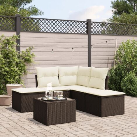 Ensemble Salon de Jardin 6 Pièces en Résine Tressée Marron avec Coussins Crème - 2 Sièges, 1 Coin, 2 Tabourets, 1 Table en Verre Trempé (1/3)