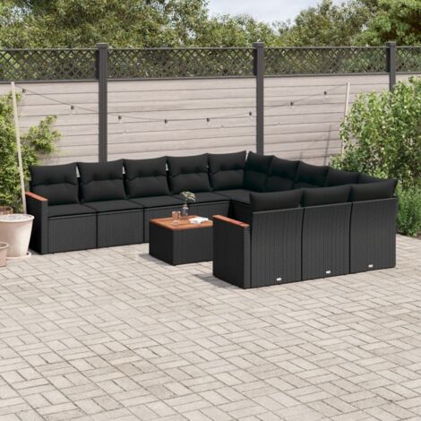 Ensemble de jardin 12 places en résine tressée noir avec table en acacia et coussins lavables (1/3)