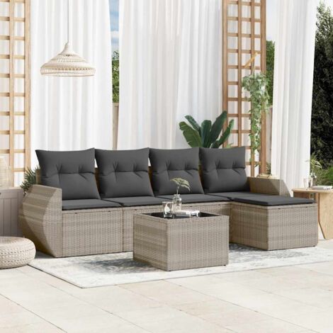 Ensemble de Salon de Jardin 6 Pièces Set Salon Jardin avec Coussins Gris Clair en Résine Tressée Table en Verre Trempé (1/5)