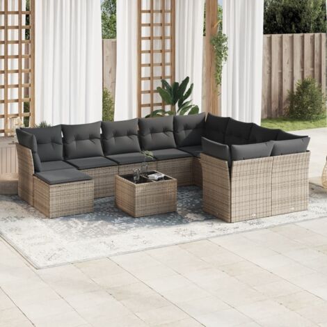 Ensemble Jardin 11 Pièces Salon Gris Résine Tressée + Coussins Amovibles avec Table Verre Trempé (1/3)