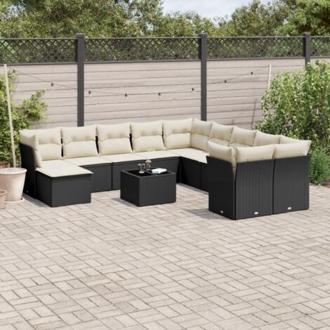 Salon de jardin 12 places en résine tressée noire avec verre trempé, rangement et coussins crème amovibles, kit modulaire d'angle et central (1/3)