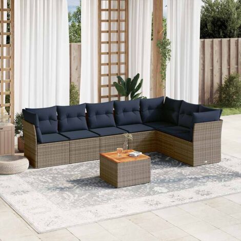 Canapé d'Extérieur Salon Jardin 8 Pièces en Résine Tressée Gris avec Coussins Bleu Marine et Dessus Acacia - Ensemble Modulaire avec Rangement (1/5)