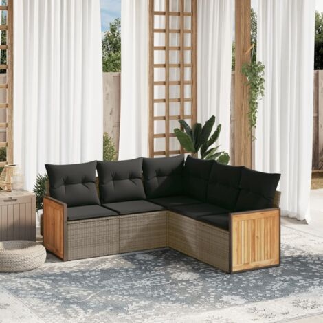 Salon de jardin 5 pièces en résine tressée grise, avec 6 coussins et rangement intégré, 5 modules (1/3)