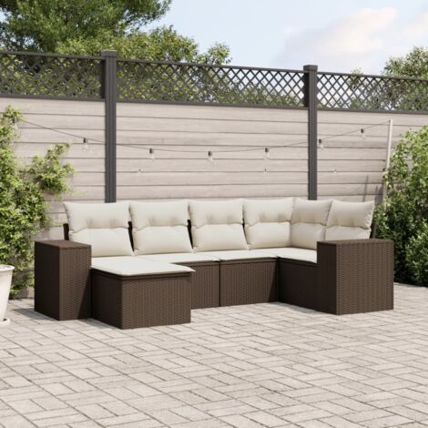Ensemble de Salon de Jardin Modulaire en Résine Tressée Marron avec 6 Coussins Crème et Rangement Intégré (1/3)