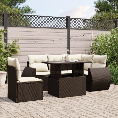Ensemble de salon de jardin 6 places en résine tressée marron avec table extensible et coussins lavables (1/5)