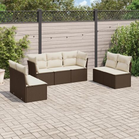 Ensemble salon de jardin modulaire 7 places en résine tressée marron, sièges d'angle et centraux avec coussins épais blanc crème lavables (1/3)