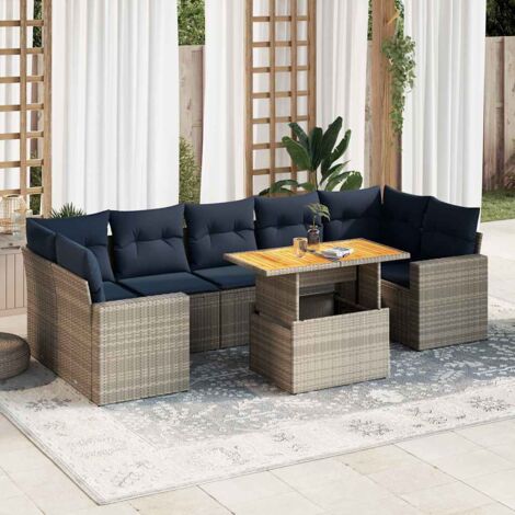 Salon de Jardin 8 Places en Résine Tressée Gris avec Table Réglable et Coussins Bleu Marine (1/5)
