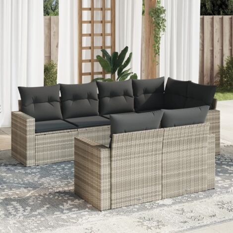 Salon de jardin modulaire 7 places en résine tressée gris clair avec coussins lavables, structure acier et pieds réglables (1/3)