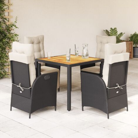 Ensemble de Jardin 5 Places en Résine Tressée Noir avec Coussins Crème, Table Acacia 90x90cm, Chaises Inclinables et Repose-Pieds (1/5)