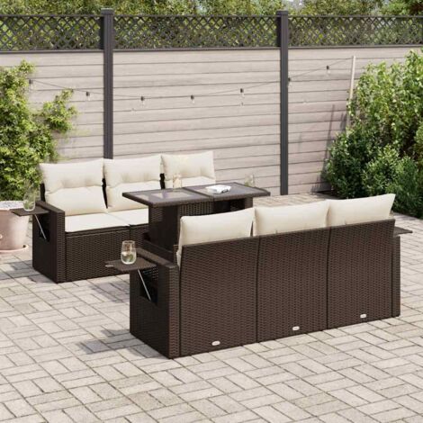 Salon de Jardin 7 Places en Résine Tressée Marron avec Coussins et Table Réglable Matériau Résistant aux UV, Espaces de Rangement (1/5)
