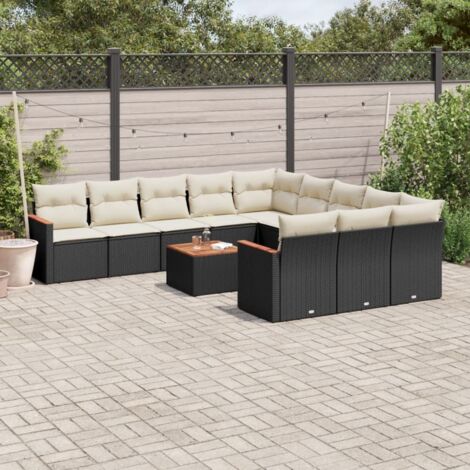 Ensemble de jardin 12 pièces en résine tressée noire avec table acacia, coussins crème amovibles et rangement intégré (1/3)