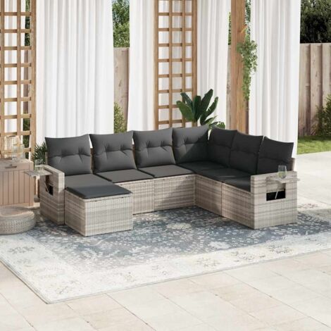 Ensemble de salon de jardin modulaire 7 places en résine tressée gris clair avec coussins confortables (1/5)