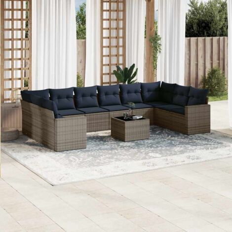 Salon de jardin en résine tressée gris 11 pièces avec table en verre trempé et coussins amovibles bleu marine (1/5)