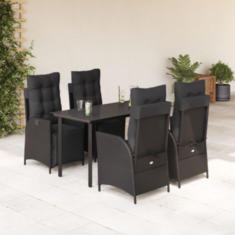 Ensemble de Table et Chaises de Jardin 5 Pièces en Résine Tressée Noir avec Coussins et Verre Trempé (1/5)