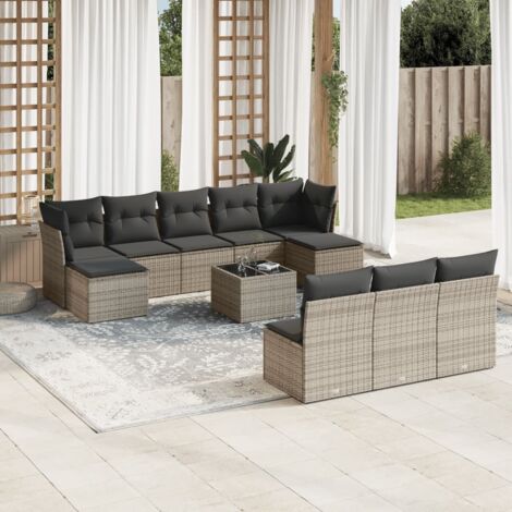 Salon de jardin modulaire 11 pièces avec coussins, rangement, table verre trempé, résine tressée gris (1/3)