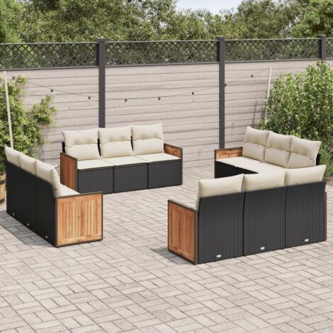 Ensemble canapés de jardin 12 pièces noir résine tressée, avec coussins blanc crème (1/5)