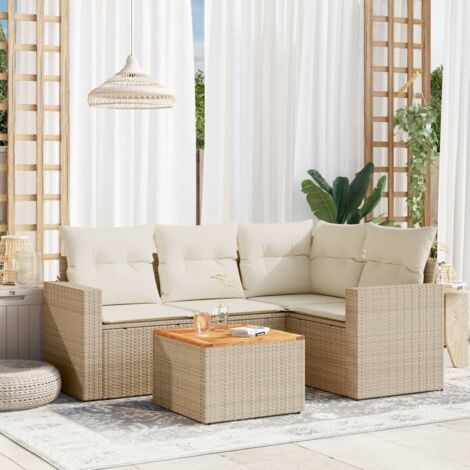 Salon de Jardin Modulaire 5 Pièces en Résine Tressée Beige avec Table Acacia et Coussins Blanc Crème (1/5)