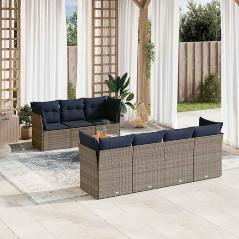 Ensemble Salon Jardin 8 Pièces Résine Tressée Gris Table Acacia avec Coussins Bleu Marine (1/5)