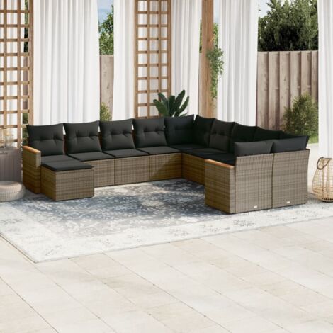 Canapé Modulaire Jardin Gris, Salon 11 Pièces Résine Tressée, Coussins Amovibles, Mobilier Extérieur [Espace Rangement] (1/5)