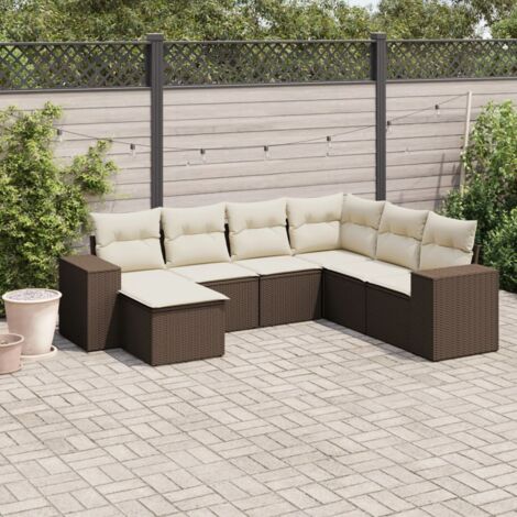 Ensemble de salon de jardin 7 places - Module angle + central + accoudoirs + repose-pieds - Résine tressée marron - Stockage intégré - Coussins crème amovibles - Modulable (1/3)