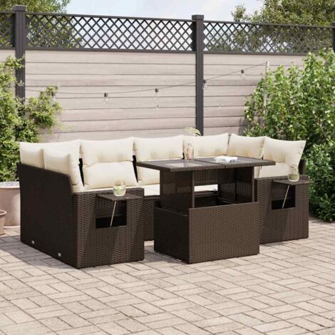Salon de jardin 7 places en résine tressée marron avec canapés d'angle, table relevable et rangement - Inclut 6 coussins siège et 8 dossiers (1/5)