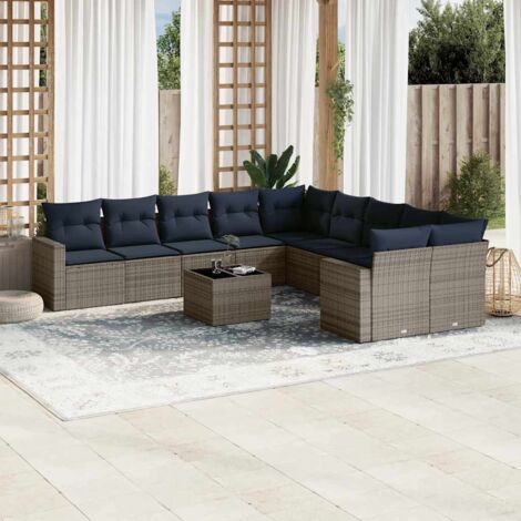 Ensemble Salon Jardin 11 Pièces Gris Résine Tressée avec Coussins Bleu Marine, Table Verre Trempé, Modulaire et Confortable (1/5)