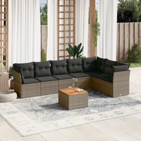 Salon de Jardin Gris Résine Tressée 8 Pièces avec Coussins Détachables - Ensemble Canapé d'Angle et Table en Acacia 7 Places (1/3)