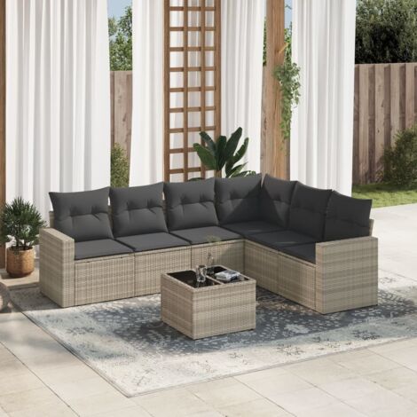 Salon de jardin 7 pièces en résine tressée gris clair, avec table en verre trempé et coussins amovibles, capacite de rangement intégrée (1/3)