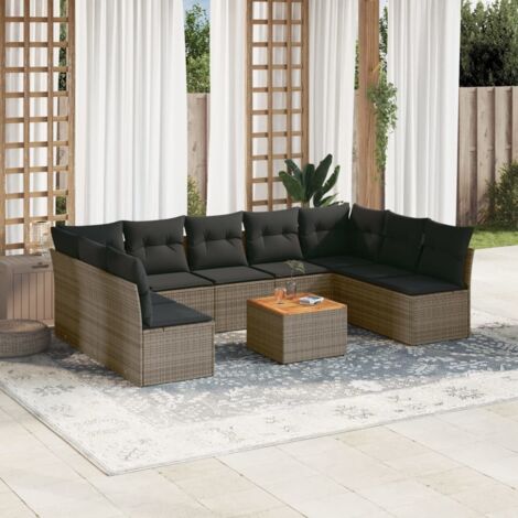 Ensemble Salon de Jardin en Résine Tressée Gris - 2 Canapés d'Angle + 7 Centraux + 1 Table Acacia avec 10 Coussins (1/3)