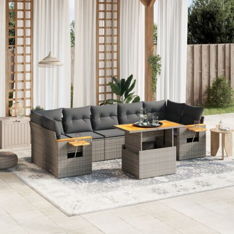 Ensemble de jardin 8 places en résine tressée grise avec table extensible et coussins amovibles (1/3)