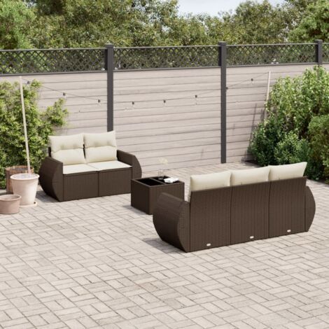 Ensemble de Salon Jardin 6 Pièces en Résine Tressée Marron avec Coussins Crème, Table Verre Trempé, Fonction Rangement Modulaire (1/3)