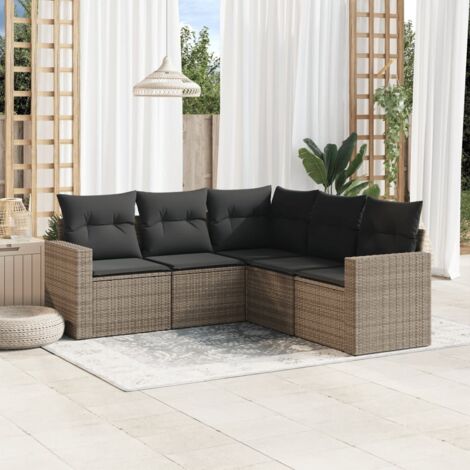Ensemble de Jardin Modulable 5 Pièces Résine Tressée Gris avec Coussins Amovibles, Canapé d'Angle + 2 Sièges Centraux + 2 Sièges d'Angle (110kg/Unité) (1/3)