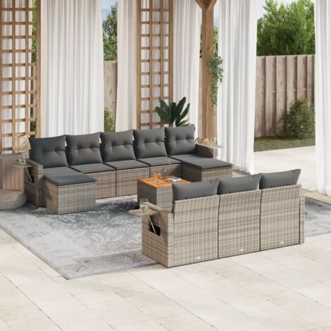 Salon de Jardin 11 Pièces en Résine Tressée Gris avec Coussins, Table Acacia et Accoudoirs à Plateau (1/5)